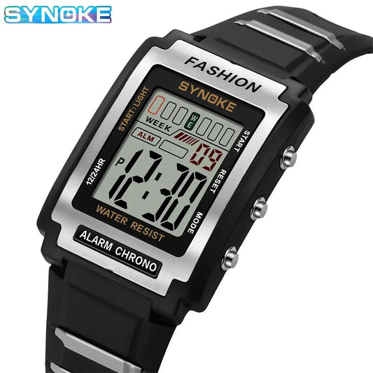 Men Rectangular Sports Electronic Watch Waterproof 50M Night Light Large Screen Alarm Clock Trend Retro Style
